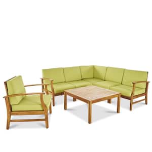 Giancarlo Teak 7-Piece Wood Outdoor Sectional Set with Green Cushions