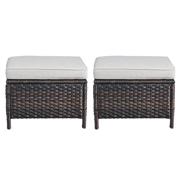 2-Pack Wicker Outdoor Ottoman Steel Frame Footstool with Removable Cushions Brown/Beige
