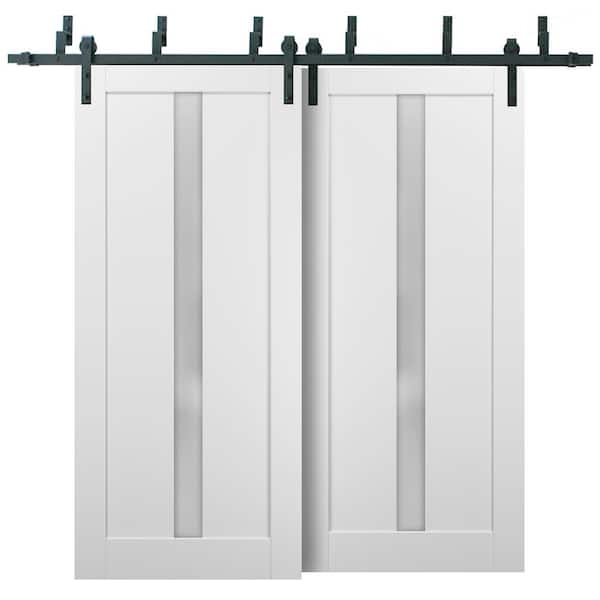 Sartodoors 4112 48 in. x 84 in. Lite Frosted Glass White Finished Pine MDF Sliding Barn Door with Hardware Kit