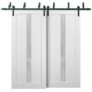 4112 56 in. x 80 in. Lite Frosted Glass White Finished Pine MDF Sliding Barn Door with Hardware Kit