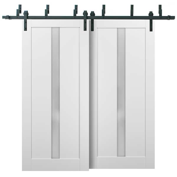Sartodoors 84 in. x 96 in. 1-Panel 1/4 Lite Frosted Glass White Finished Solid Pine MDF Sliding Barn Door with Hardware Kit