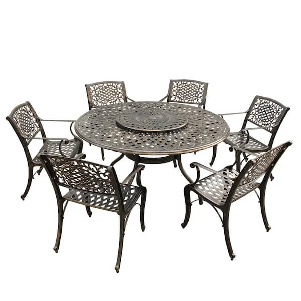 Unbranded Modern Ornate 7-Piece Bronze Aluminum Round Outdoor Dining Set