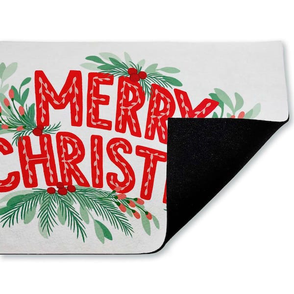 Merry Christmas with Seasonal Greenery Red 18 in. x 30 in. Polyester Non-Slip Outdoor Door Mat