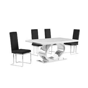 Ibraim 5-Piece Rectangle White Marble Top With Stainless Steel Base Dining Set With 4 Black Velvet Chrome Iron Chair