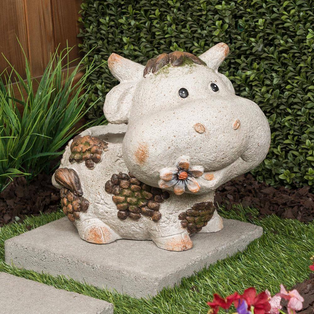Gray Ceramic Smiling Cow Novelty Outdoor Planter with Drainage Hole