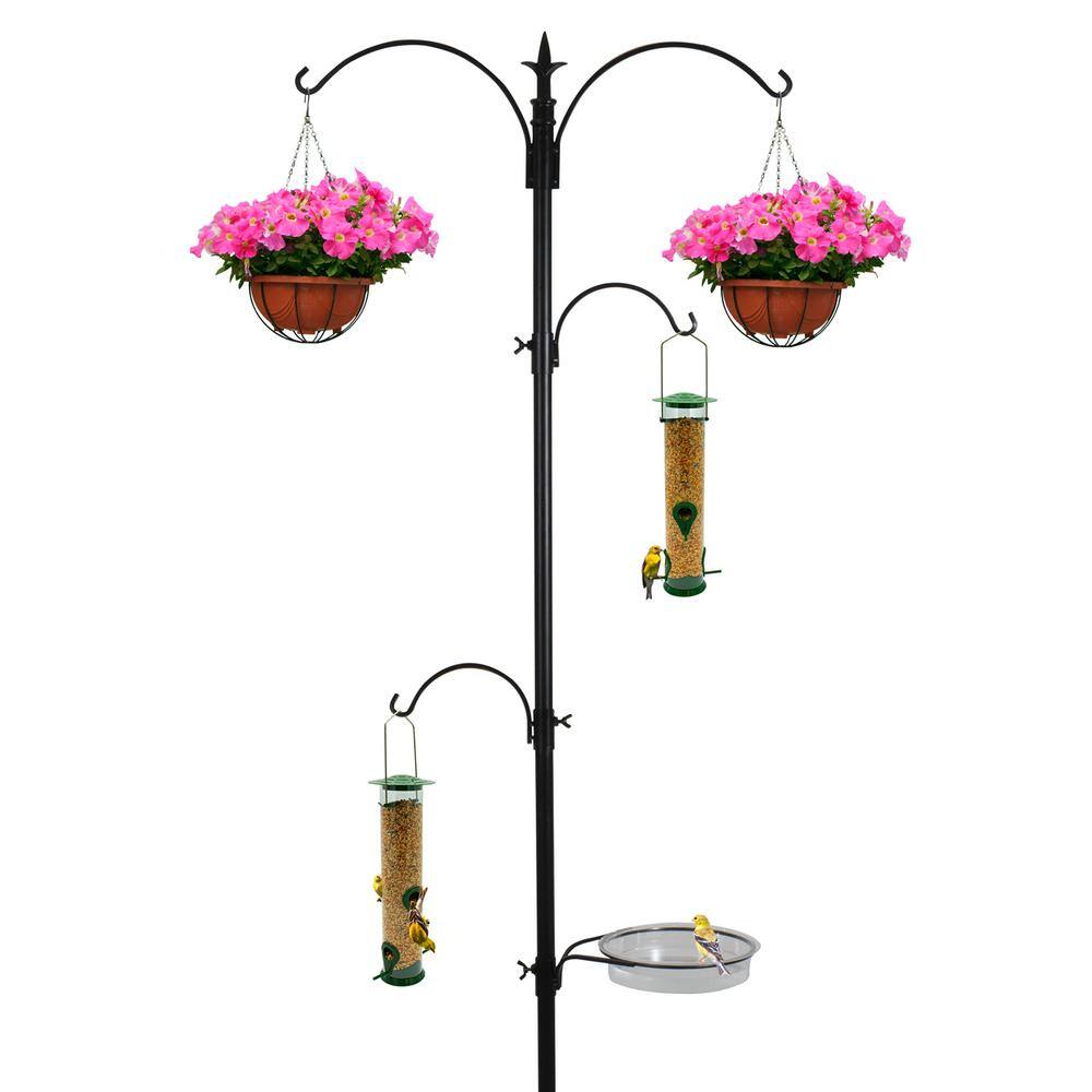 Tall Black Metal Bird Feeding and Bath Station with Hooks