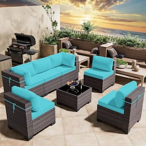 7-Piece Wicker Outdoor Sectional Set with Cushion Blue