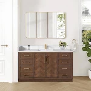 Jakarta 60 in.W x 22 in.D x 33.9 in.H Single Bath Vanity in Aged Dark Brown Oak with Silk White Quartz Stone Top