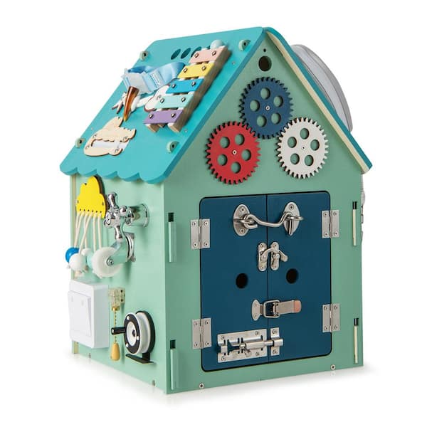 Wooden Busy House Montessori Toy with Sensory Games and Interior Storage Space Blue