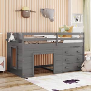 Gray Twin Size Low Loft Bed with 3 Large Drawers, Wooden Kids Loft Bed Frame with Cabinet and Shelf, Twin Kids Loft Bed