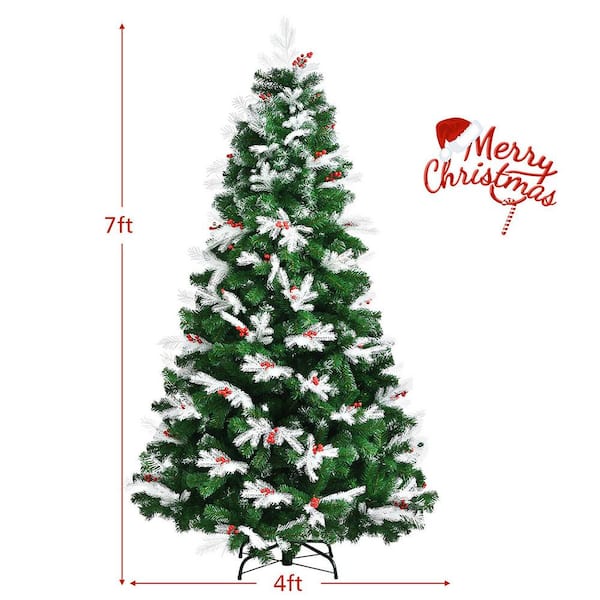 Costway 7ft Snow Flocked Hinged Christmas Tree w/ Berries & Poinsettia Flowers - White