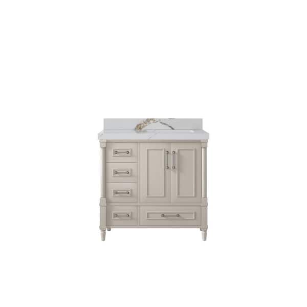 Willow Collections Hudson 36 in. W. x 22 in. D x 36 in. H Single Right Offset Sink Bath Vanity Fine Grain with 2 in. Calcutta Gold Qt. Top