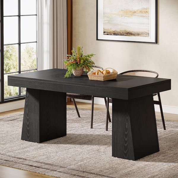 BYBLIGHT Sealey Farmhouse Black Wood 55.1 in. Pedestal Dining Table Seats 4 Rectangular Dining Room Table with Sturdy Legs