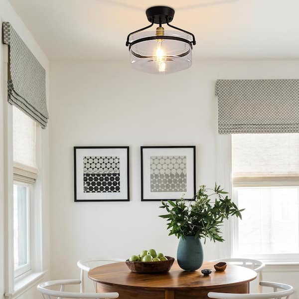 LWYTJO 13 in. 1 Light Black Dimmable Semi-Flush Mount with Clear Glass Shade for Bedroom Foyer