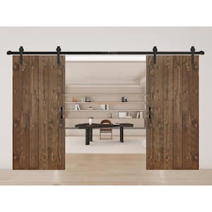 Mid-Century New Style 76 in. x 84 in. Dark Walnut Finished Solid Wood Double Sliding Barn Door with Hardware Kit