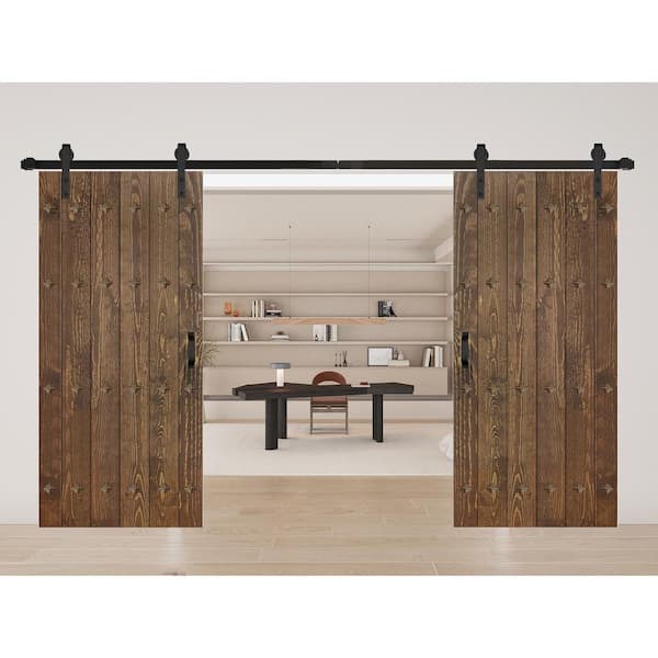 ISLIFE Mid-Century New Style 76 in. x 84 in. Dark Walnut Finished Solid Wood Double Sliding Barn Door with Hardware Kit