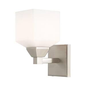 Lansford 4.75 in. 1-Light Brushed Nickel Wall Sconce with Satin Opal White Glass
