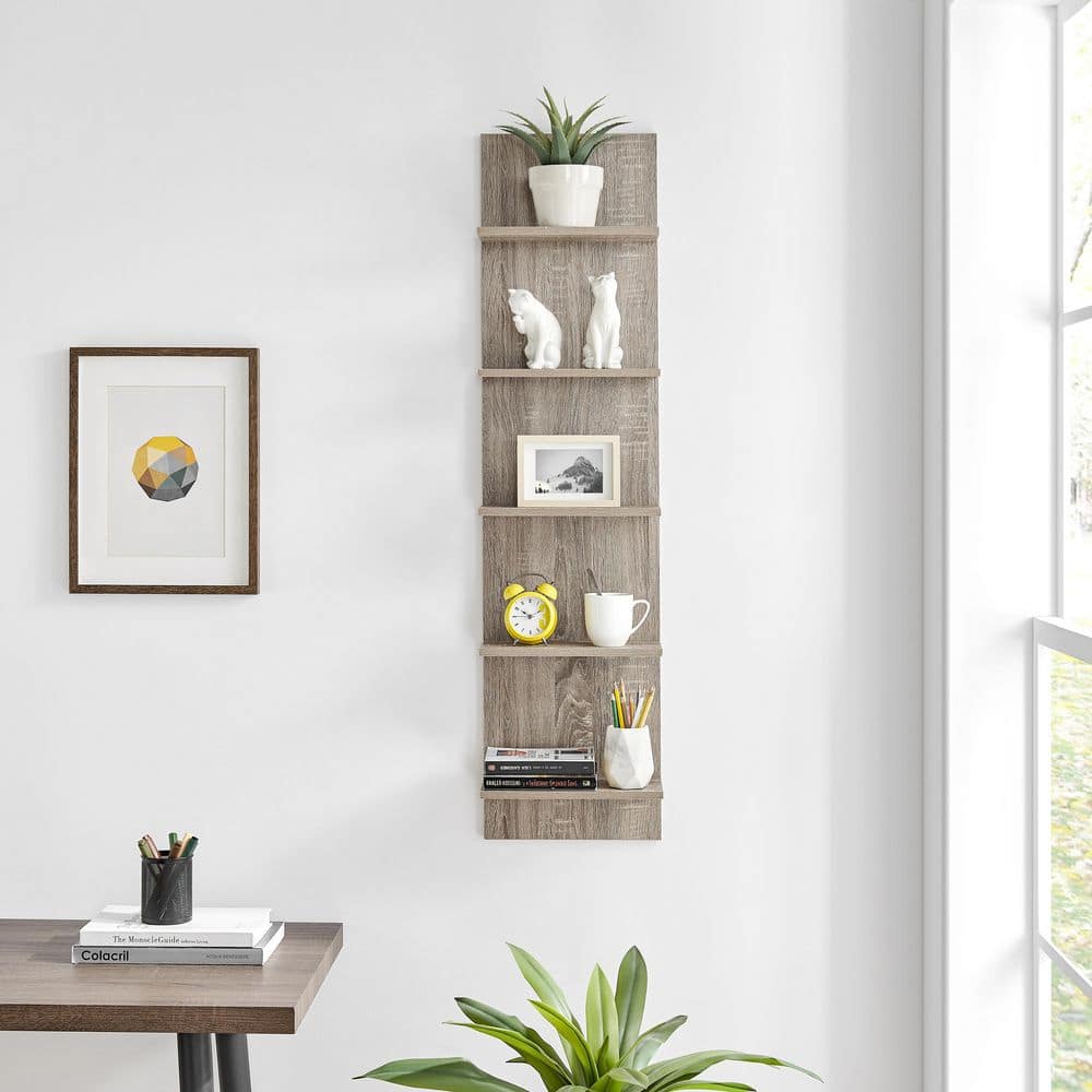 Weathered Oak Modern 51'' Floating Wall Shelf with 5 Tiers