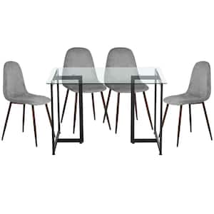 Slip Charlton Grey 5-Pcs Dining Set with Glass Top Black Leg Table and Fabric Upholstered Chairs