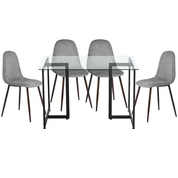 Homy Casa Slip Charlton Grey 5-Pcs Dining Set with Glass Top Black Leg Table and Fabric Upholstered Chairs