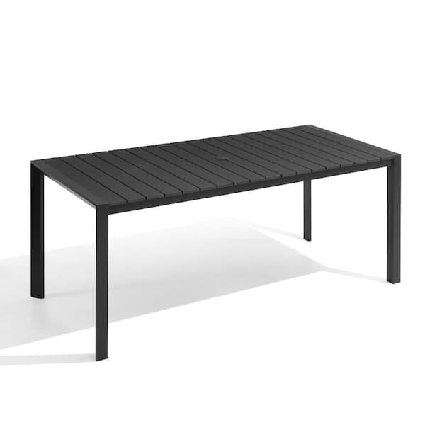 Pellebant Black 71 in. Rectangular Aluminum Patio Outdoor Dining Table with Wood-Like Tabletop and Umbrella Hole