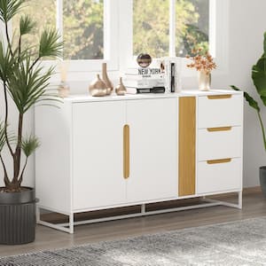 White Wooden 55.1 in. Width Sideboard, Food Pantry, Storage Cabinet with 4-Drawers, Glass Rack & 2-Shelves