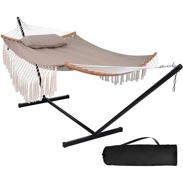 Atesun 12 ft. Portable Hammock with Stand Included, Double Fabric Hammock with Curved Spreader Bar& Decorative Tassels, Arrow