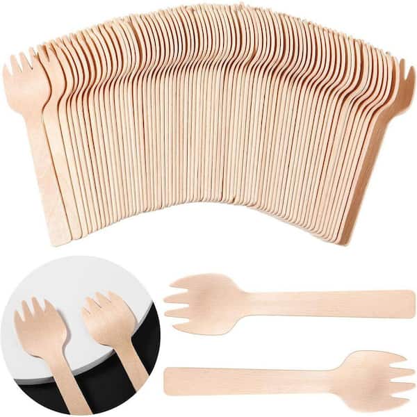 Natural Wood Brown Disposable Mini Sporks Dual Function Fork Spoon Utensils Tableware 300 Pieces Per Case