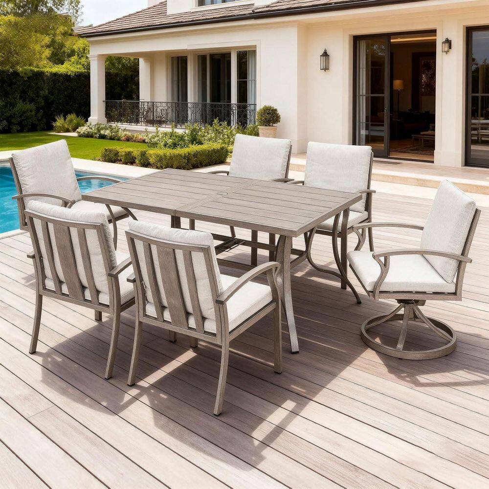 Oak Gray 7-Piece Aluminum Patio Furniture Set Outdoor Dining Set 2 Swivel Chairs with White Cushion and Umbrella Hole price history on PriceWatchPro
