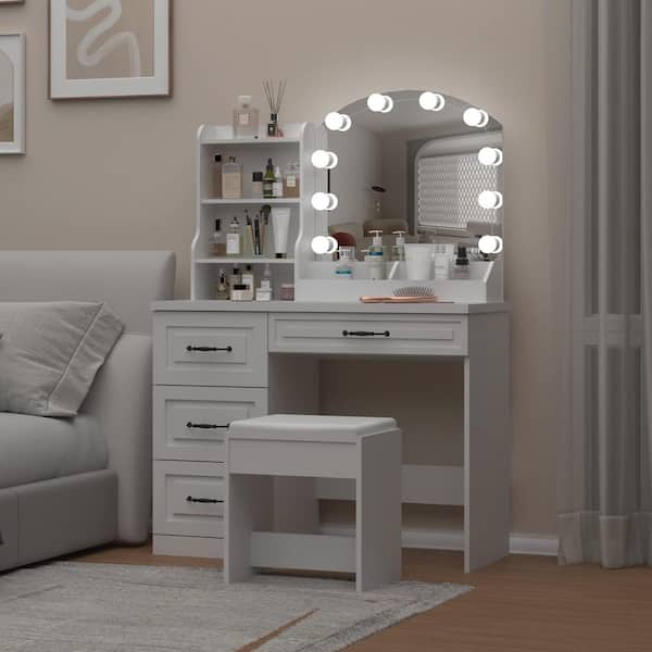 Makeup Vanity Desk with Round Mirror and Lights, White Vanity Makeup T