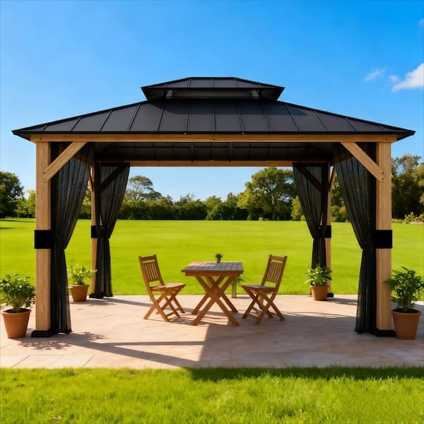 13 ft. x 11 ft. Outdoor Patio Wood Frame Gazebo with Double Hardtop Steel Roof and Mosquito Net