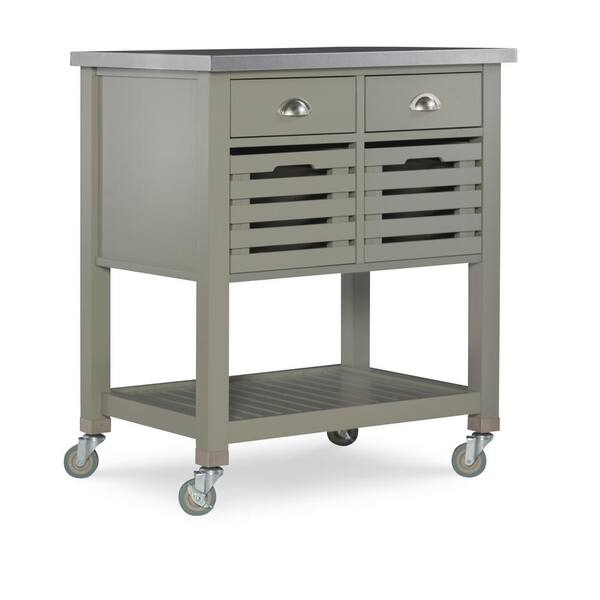 Linon Home Decor Hawthorn Gray Kitchen Cart With Two Drawers Pull Out Bins Shelf And Stainless Steel Top Thd03431 - Linon Home Decor Kitchen Cart Linon Home Decor Hawthorn Gray Kitchen Cart With Two Drawers Pull Out Bins Shelf And Stainless Steel Top Thd03431 - Linon Home Decor Kitchen Cart