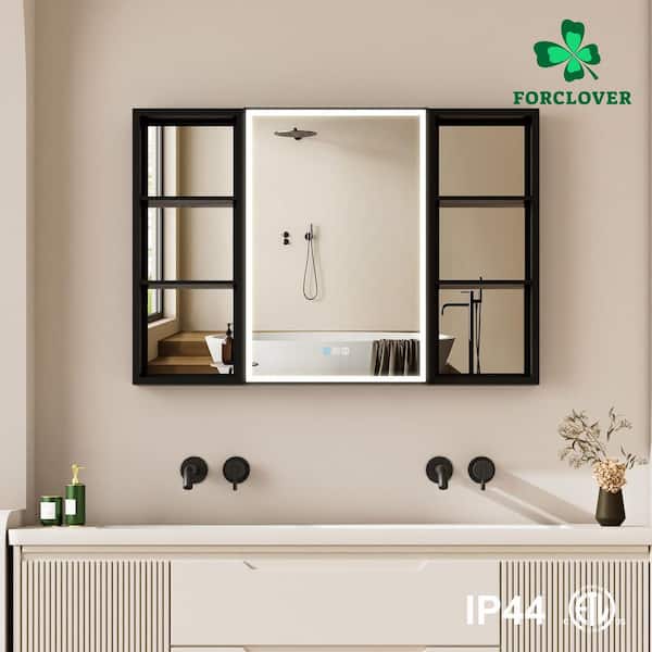 44 in. W x 30 in. H Rectangular Black Aluminum Recessed/Surface Mount LED Medicine Cabinet with Mirror and Outlet