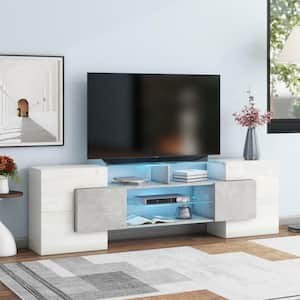 White and Gray TV Stand Fits TVs up to 80 in. with 2 Illuminated Glass Shelves, Cabinets, LED Color Changing Lights