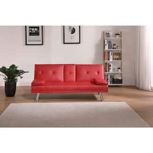 31 in. Wide Armless Faux Leather Mid-Century Modern Straight Sleeper Sofa in Red