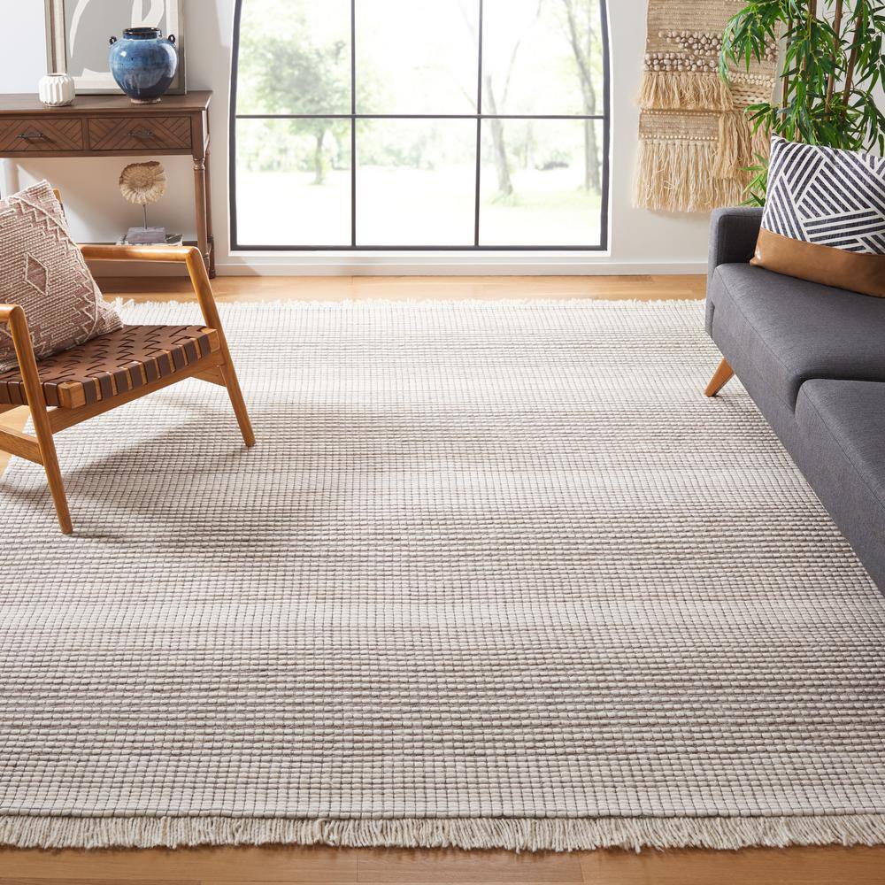 Ivory and Dark Brown Handwoven Wool 8' x 10' Area Rug