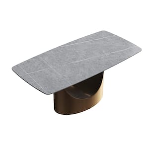 70.87 in. Grey Sintered Stone Rectangle Top Pedestal Bronze Carbon Steel Legs Dining Table (Seats 6)