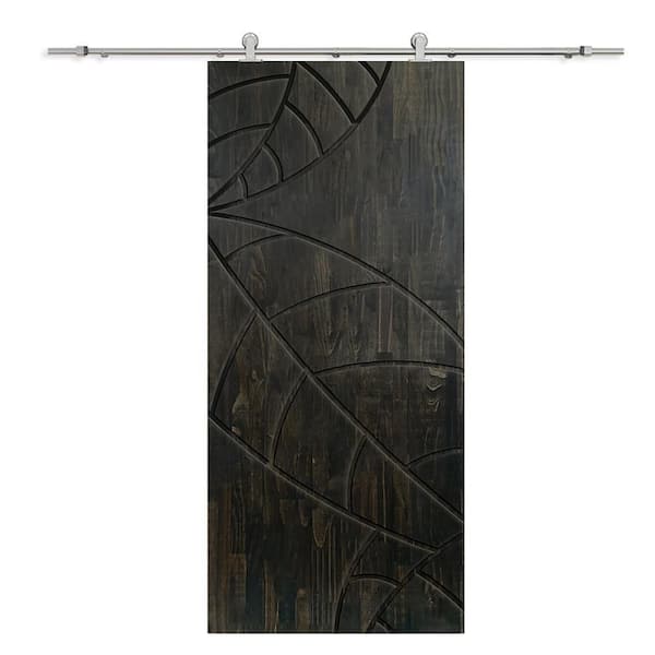 CALHOME 38 in. x 96 in. Charcoal Black Stained Pine Wood Modern Interior Sliding Barn Door with Hardware Kit