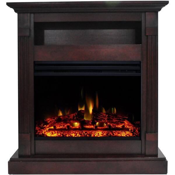 Cambridge Sienna 34 in. Electric Fireplace Heater in Mahogany with Mantel, Enhanced Log Display and Remote Control