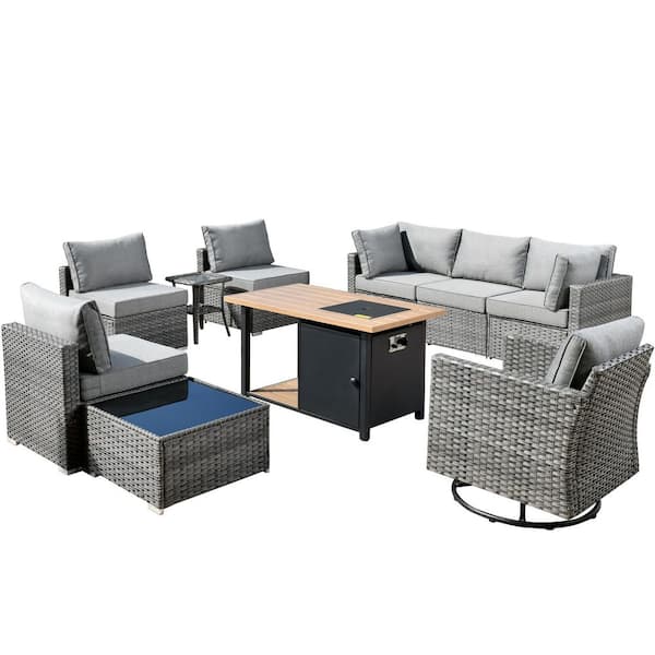 Sanibel Gray 10-Piece Wicker Patio Conversation Sofa Set with a Swivel Chair, a Storage Fire Pit and Dark Gray Cushions