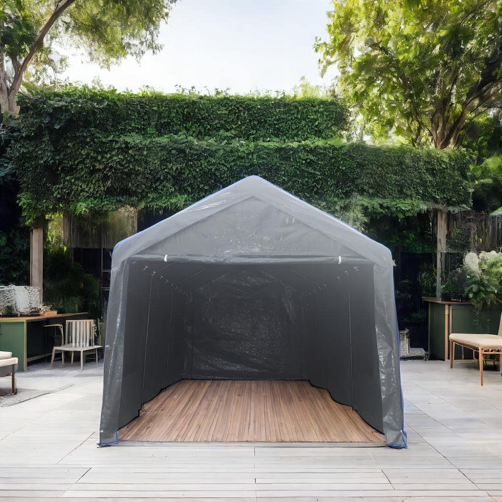 Gray 10' x 20' Portable Metal Car Shelter with Windows