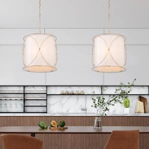 Gold Drum Chandelier, 3-Light Modern Champagne Gold Island Dining Room Pendant Light with Fabric Shade