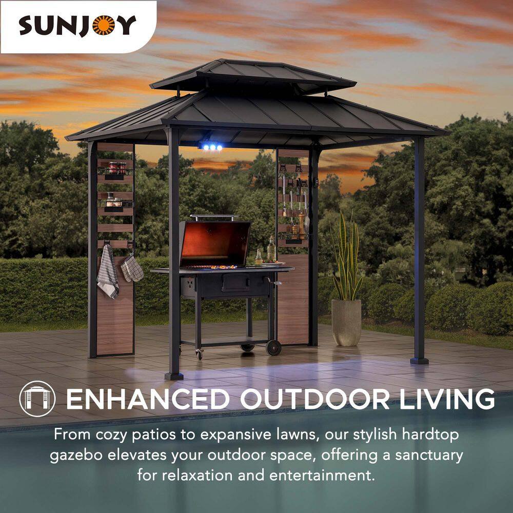Matte Black 7 x 9 ft. 2-Tier Hardtop Grill Gazebo with Storage Shelves