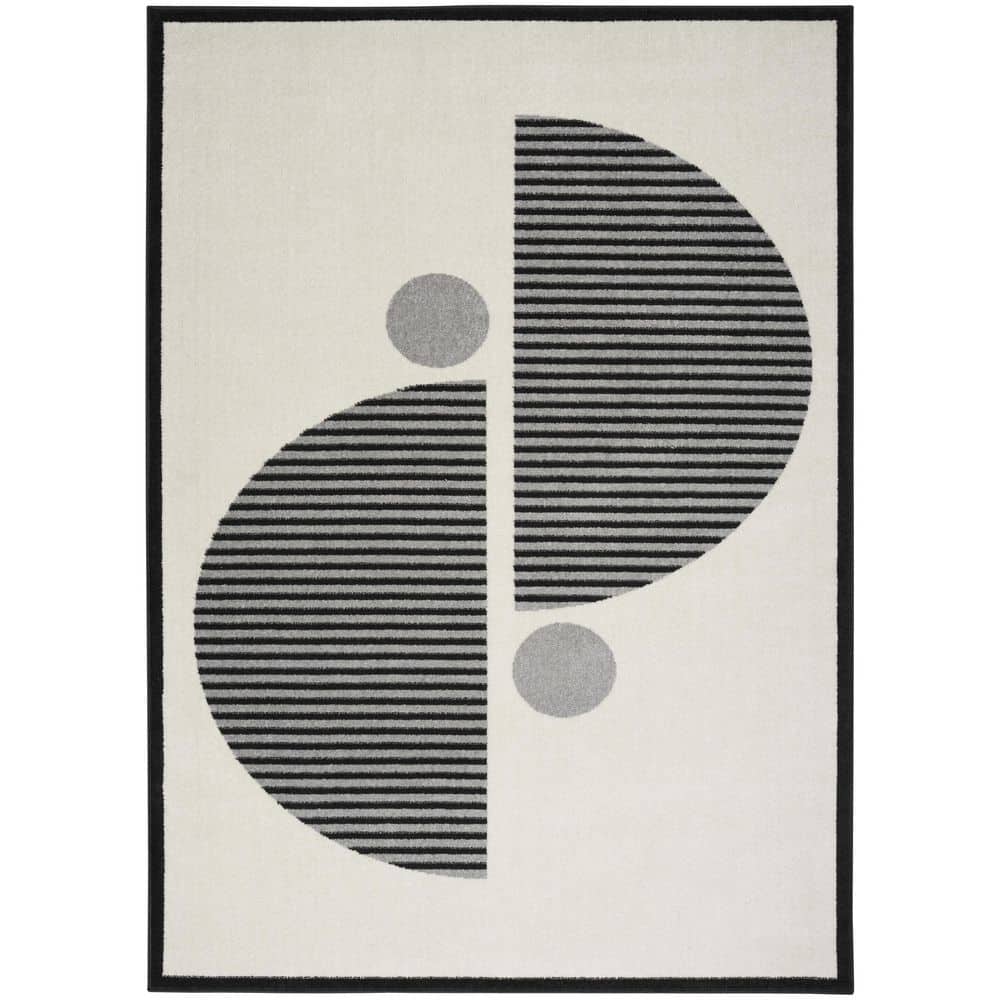 Ivory & Black Geometric 6'x9' Synthetic Easy-Care Rug