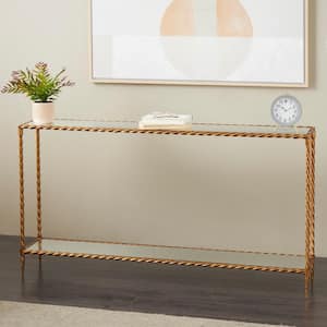 56 in. Gold Extra Large Rectangle Metal Twisted Rope Inspired 1 Shelf Console Table with Mirrored Glass Top and Shelf