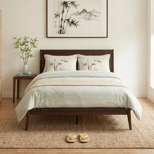Chocolate(Dark Brown) Wood Frame Queen Size Solid Bamboo Platform Bed with Reinforced Support, Easy Assembly