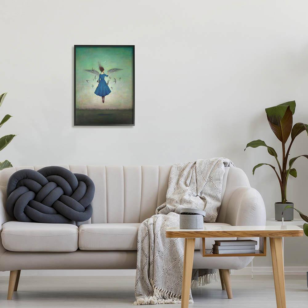 Vintage Blue and Teal Bird Illustration Framed Canvas Art