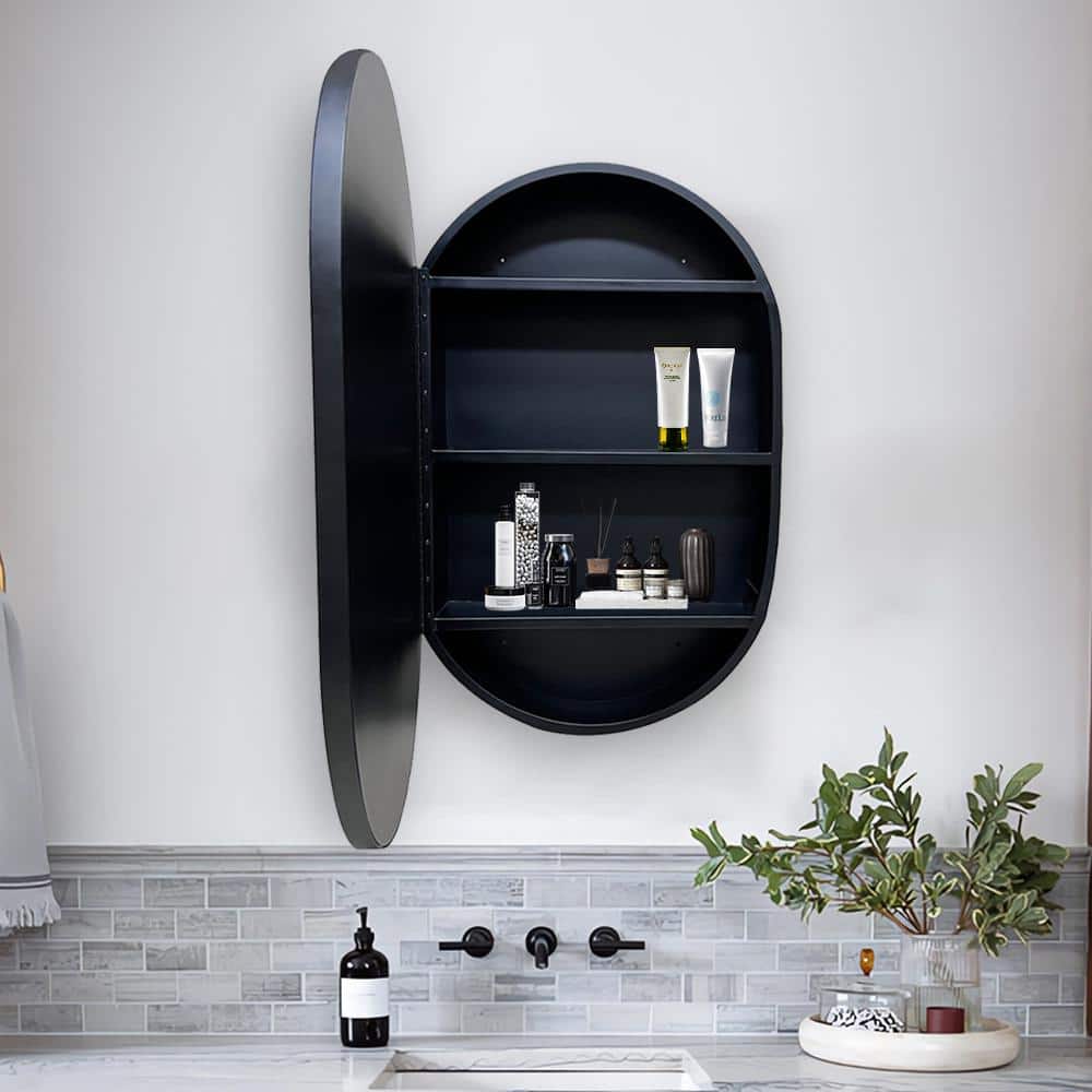 Modern 21 in. W x 31 in. H Black Oval Metal Framed Wall Mount Bathroom Medi