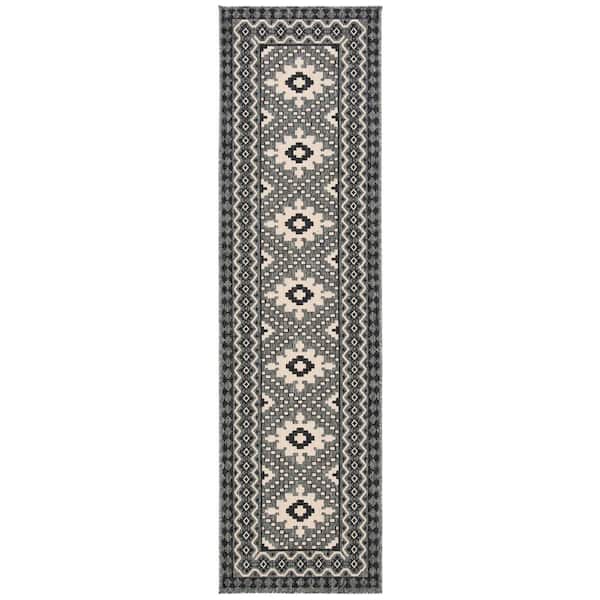 SAFAVIEH Veranda Ivory/Charcoal 2 ft. x 18 ft. Aztec Geometric Indoor/Outdoor Patio  Runner Rug