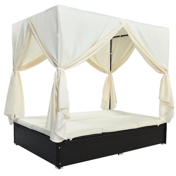 Sudzendf Patio Rattan Wicker Sunbed Outdoor Day Bed with Beige Cushions, Adjustable Seats with Canopy